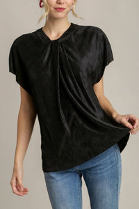Black Satin Wave Texture Top with Tie Neck Detail Shirts & Tops Umgee 