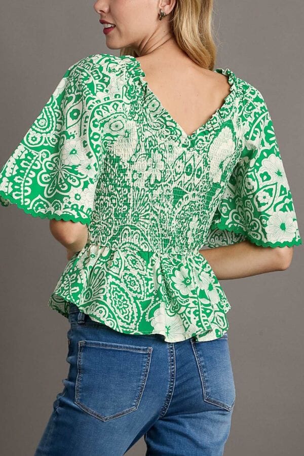 Green Paisley Print V-Neck Smocked Top with Short Bell Sleeves Shirts & Tops Umgee 