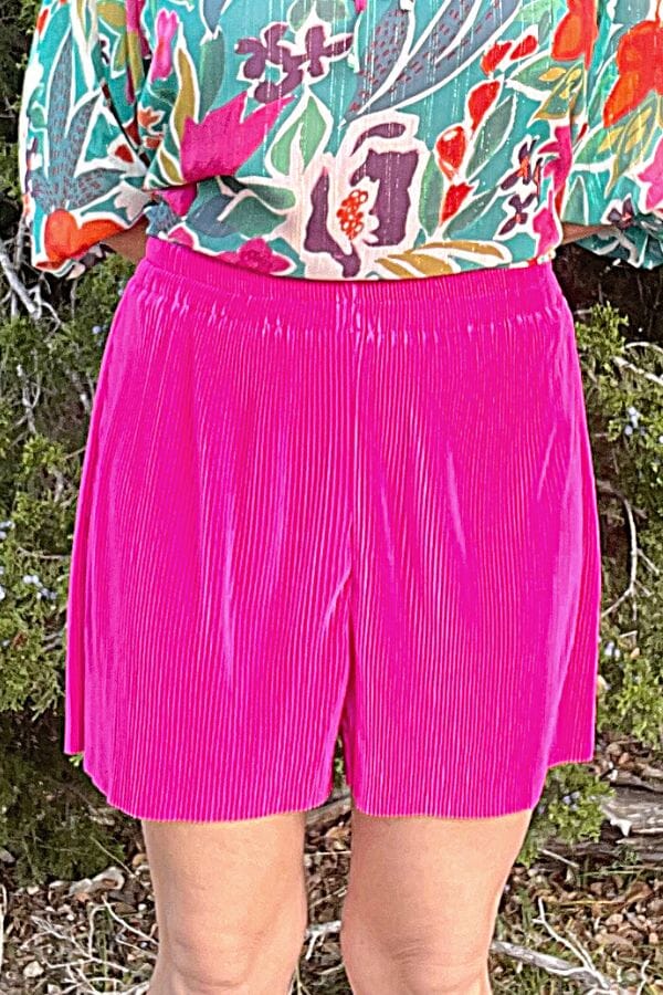 Hot Pink Satin Pleated Elastic Waist Band Shorts Shorts Umgee 