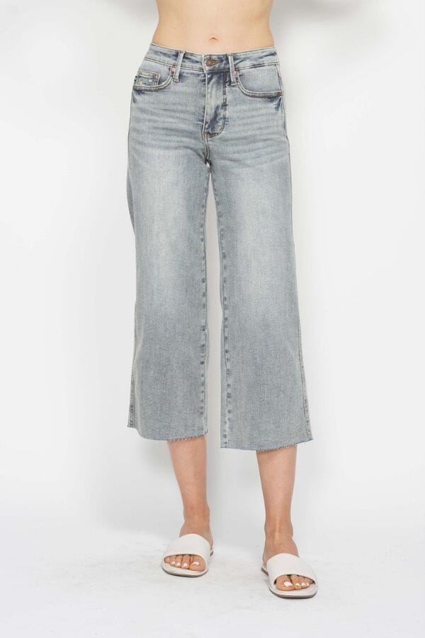 Judy Blue Tummy Control Raw Hem Crop Wide Jeans Jeans Judy Blue