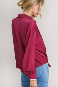 Raspberry Satin Button Down Front Tie Blouse Shirts & Tops Umgee 