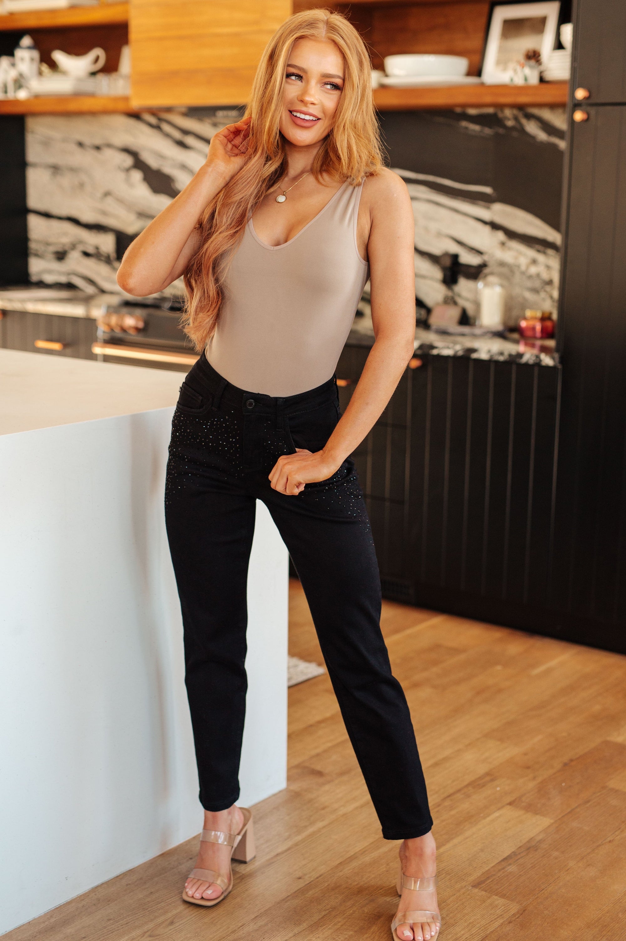 Reese Rhinestone Slim Fit Jeans in Black Womens Ave Shops 