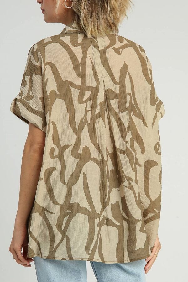 Taupe Abstract Collared Print Button Down Wide Top Shirts & Tops Umgee 