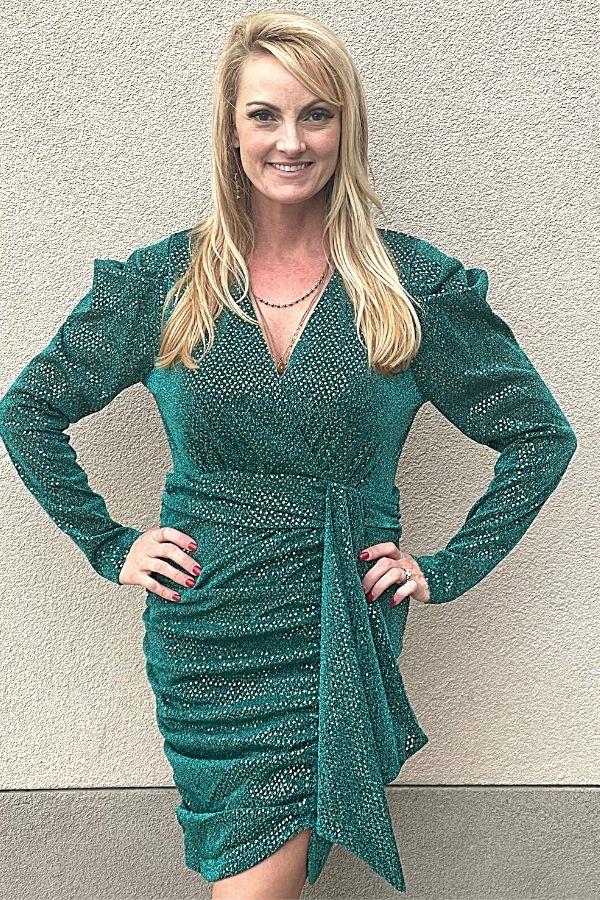 Emerald Surplice Waist Tie Back Zipper Lurex Dress Main Strip 