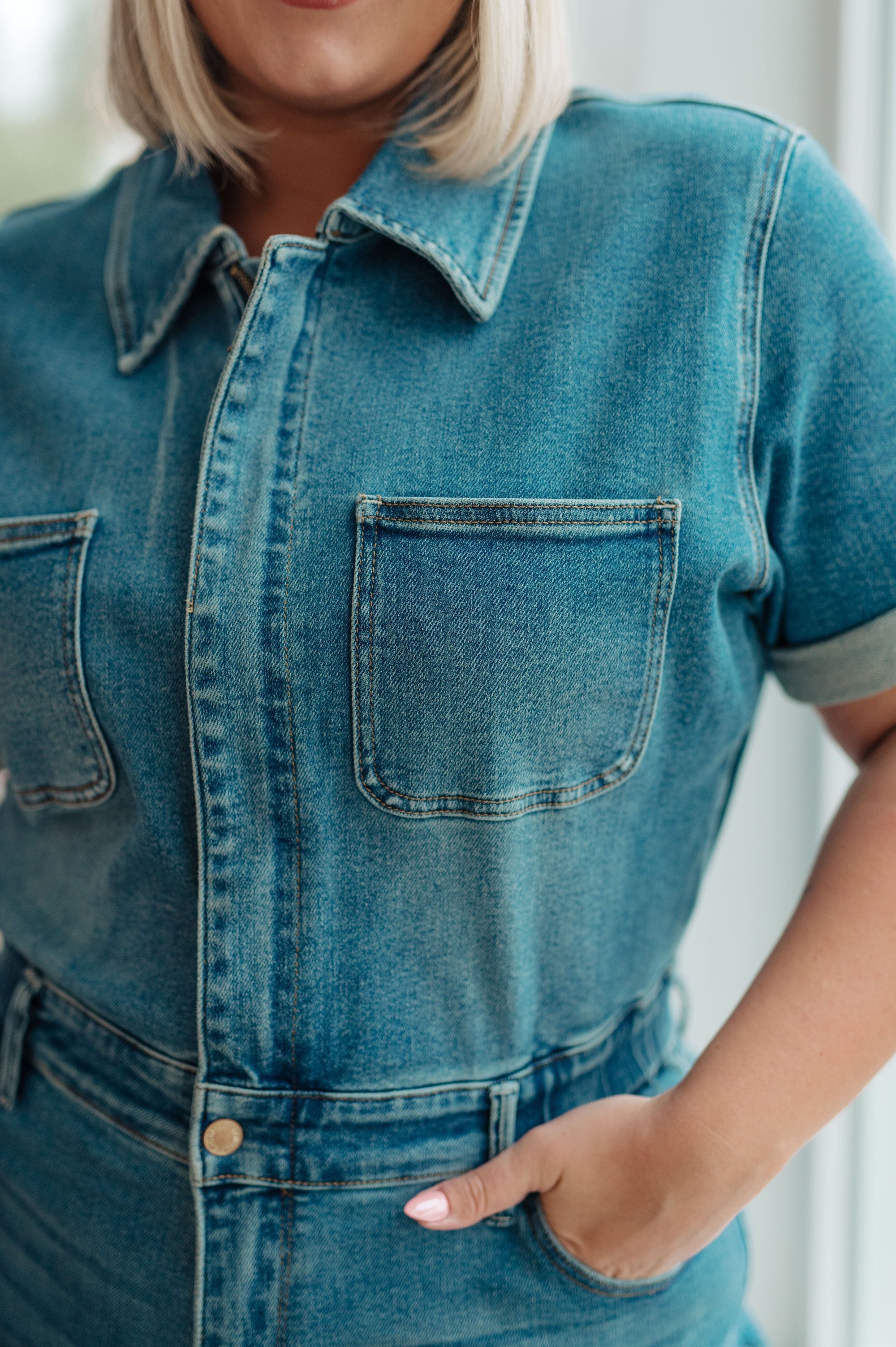 Sylvia Short Sleeve Denim Jumpsuit Womens Ave Shops