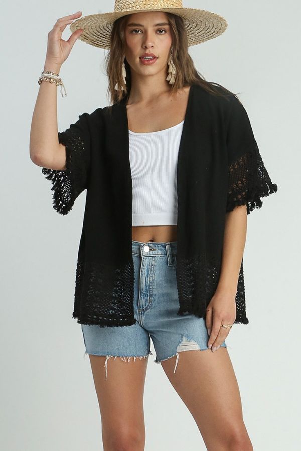 black-linen-blend-crochet-detail-open-front-cardigan-with-tassel-frayed-hem