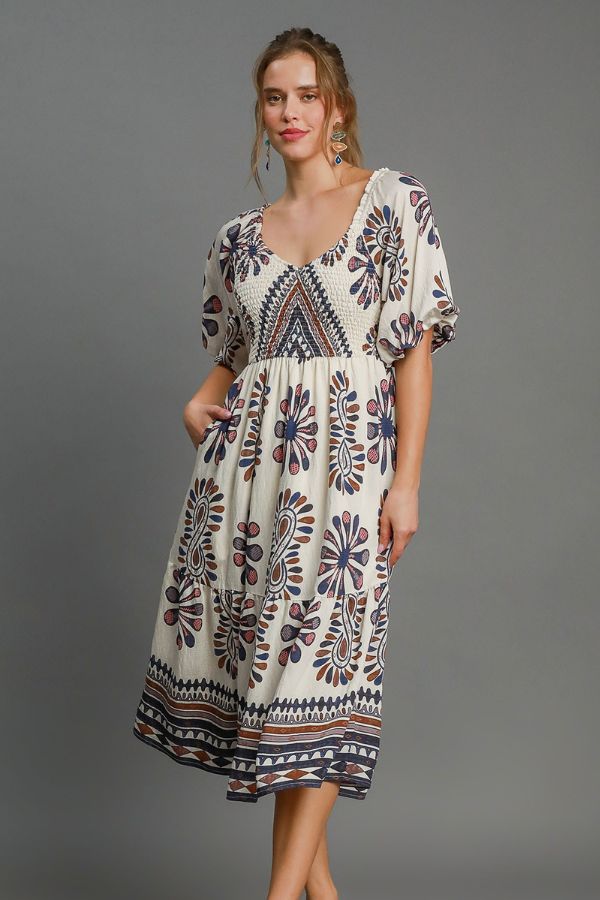 border-print-tiered-midi-dress