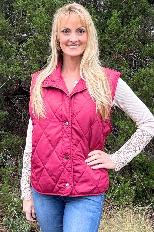 Burgundy Quilted Puffer Vest Jacket W/ Fully Lining