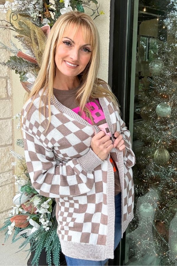 checkered-open-front-drop-shoulder-cardigan