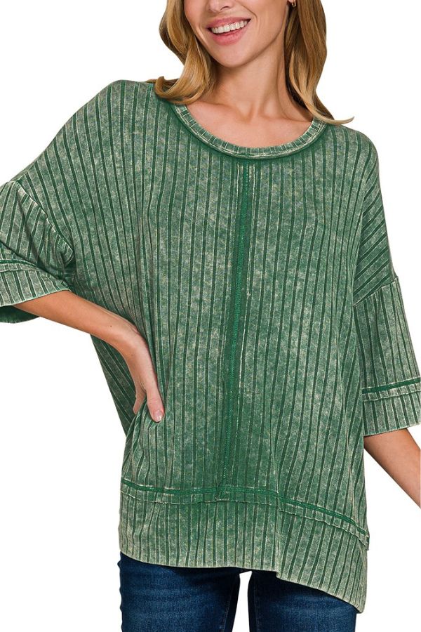 green-ribbed-drop-shoulder-half-sleeve-boat-neck-top