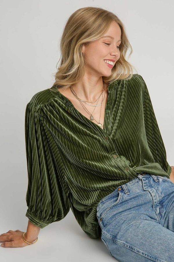 Olive V-Notched Button Down Top