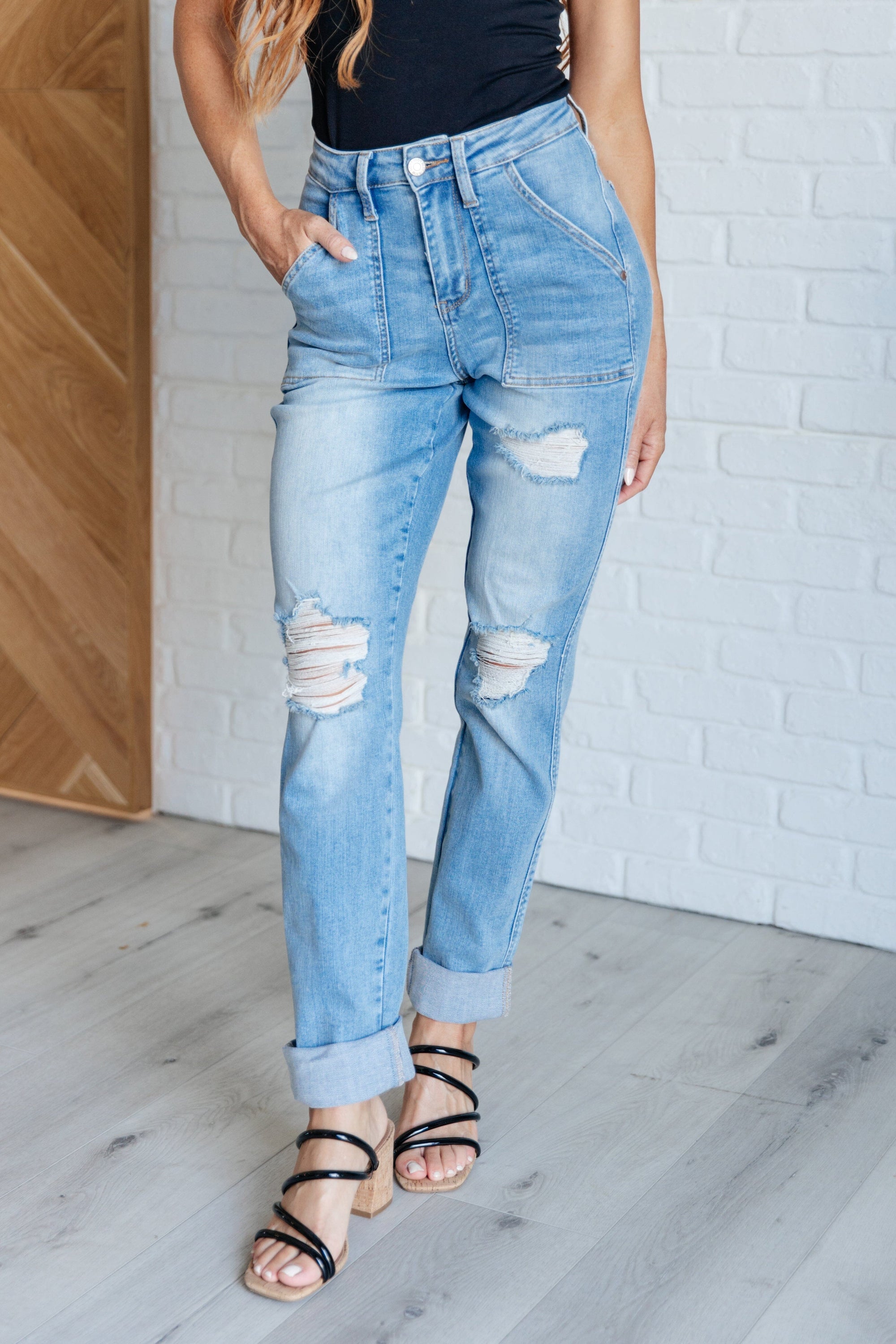 Aiden High Rise Patch Pocket Distressed Boyfriend Jeans Womens Ave Shops 