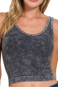 Ash Black Washed Ribbed Cropped V-Neck Tank Top Bralette Zenana 