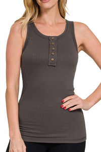 Ash Grey Ribbed Scoop Neck Henly Tank Top Tank Top Zenana 