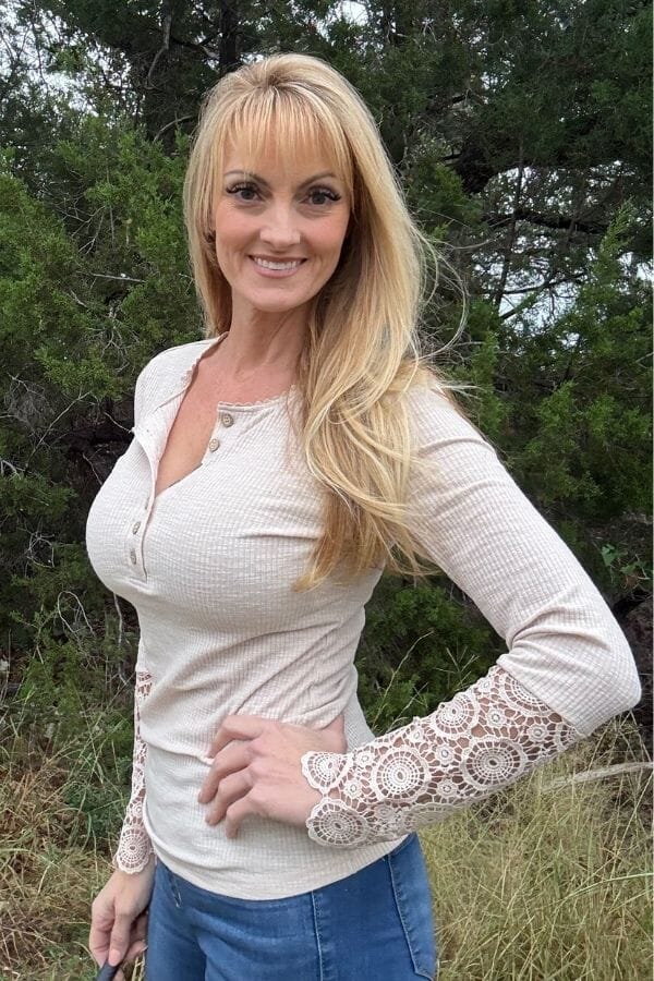 Beige Crochet Lace Button Top Shirts & Tops Thomas & Co 