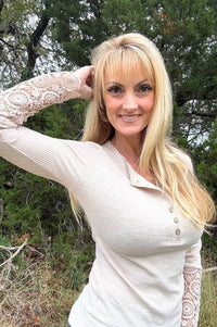 Beige Crochet Lace Button Top Shirts & Tops Thomas & Co 