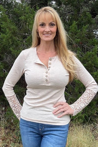 Beige Crochet Lace Button Top Shirts & Tops Thomas & Co 