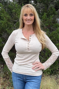 Beige Crochet Lace Button Top Shirts & Tops Thomas & Co 