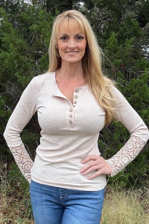 Beige Crochet Lace Button Top Shirts & Tops Thomas & Co 