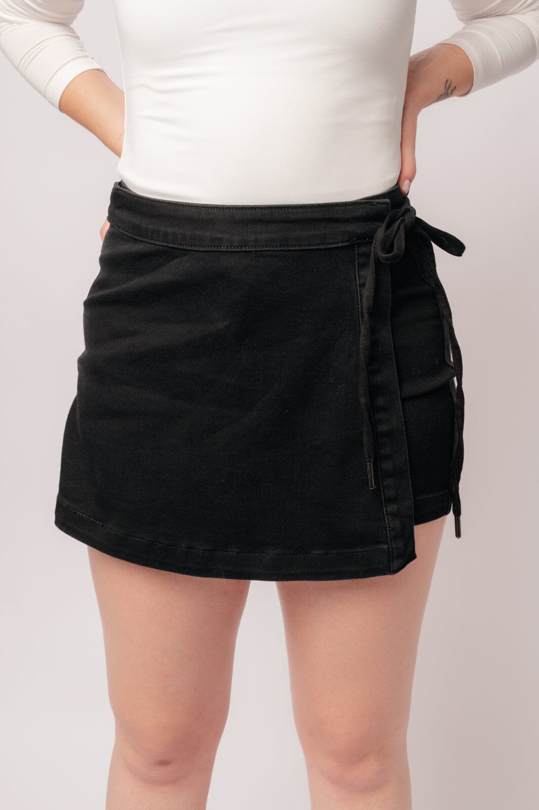 Bentli High Rise Side Tie Denim Skort in Black Womens Ave Shops 