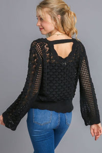 Black Crochet Light Weight Pullover Sweater with Back Strap Shirts & Tops Umgee 