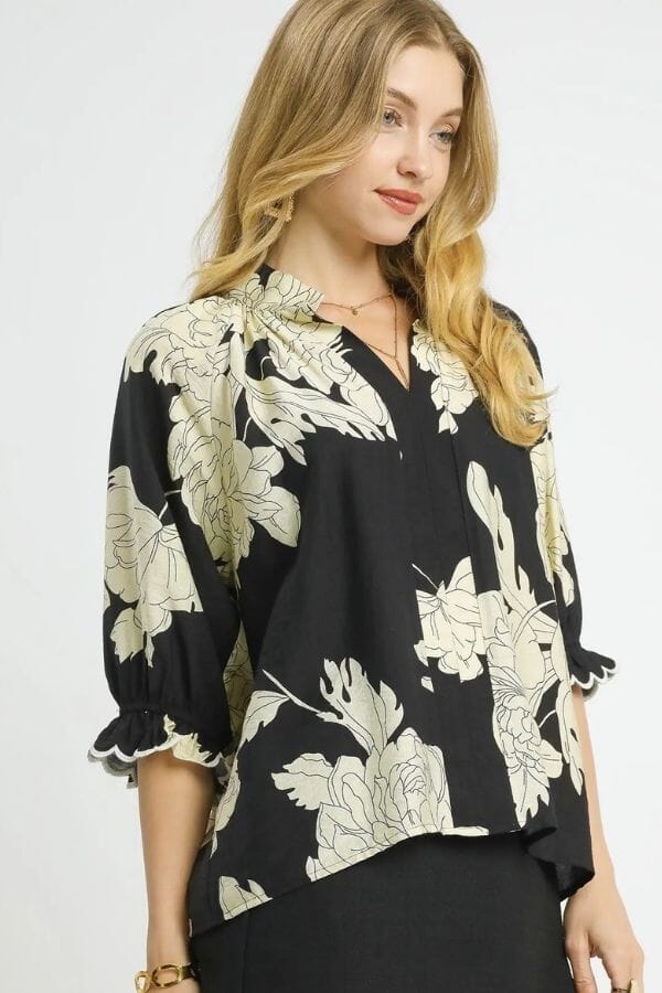 Black Peony Print High Neck Top Shirts & Tops Umgee 