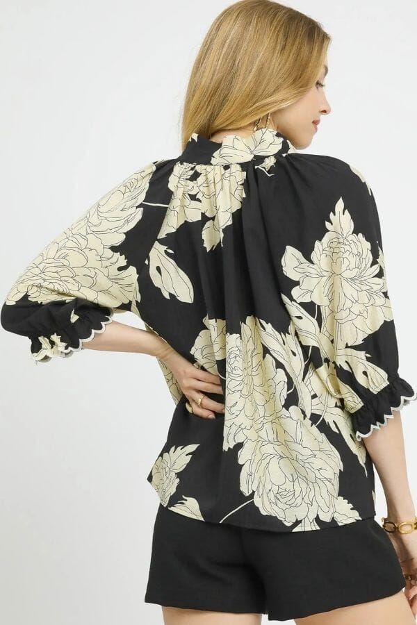Black Peony Print High Neck Top Shirts & Tops Umgee 