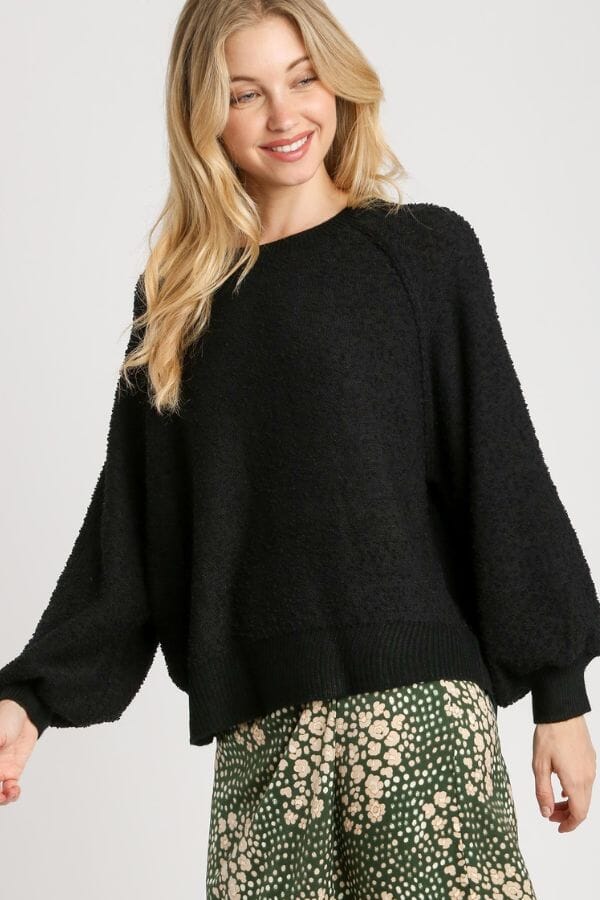 Black Puff Sleeve Boat Neck Sweater Shirts & Tops Umgee 