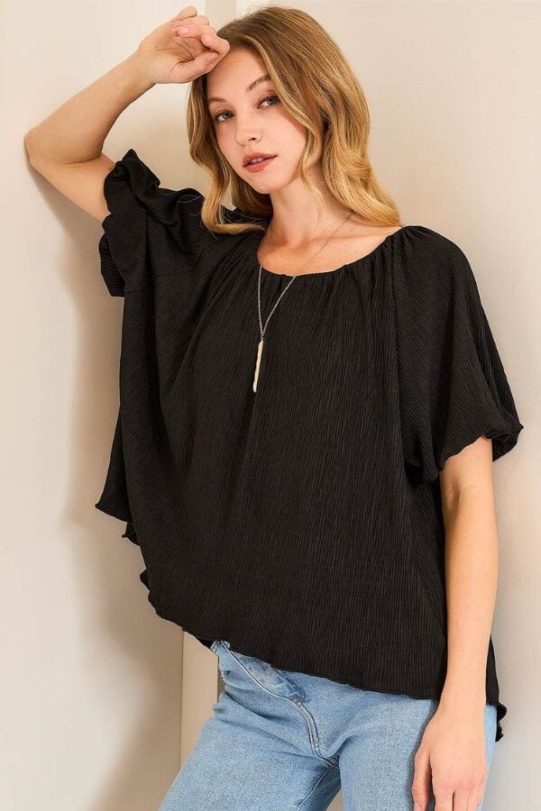 Black Scoop Neck Top with Balloon Sleeves Shirts & Tops Umgee 