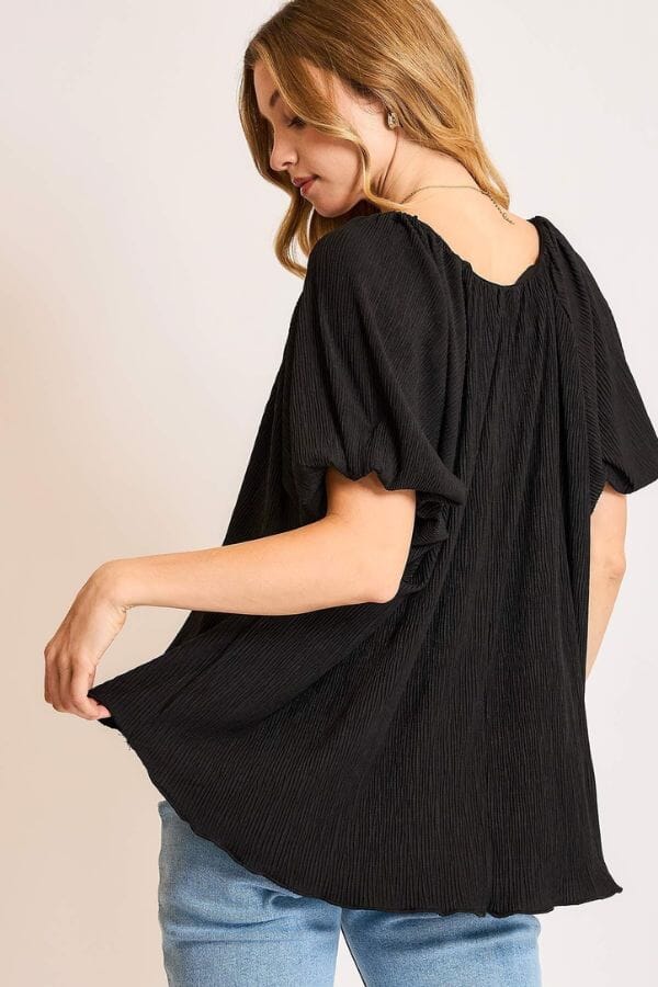 Black Scoop Neck Top with Balloon Sleeves Shirts & Tops Umgee 