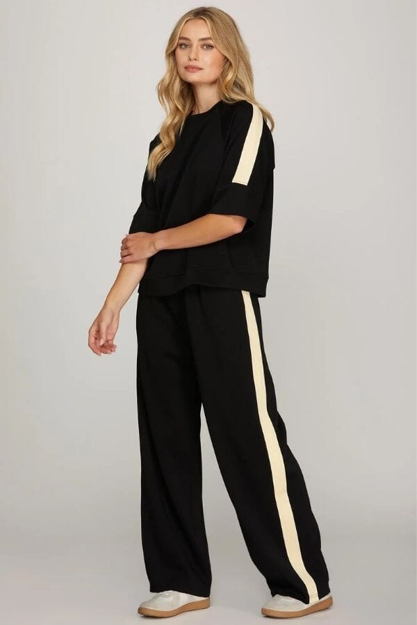 Black Scuba Knit Lounge Set Shirts & Tops She and Sky 