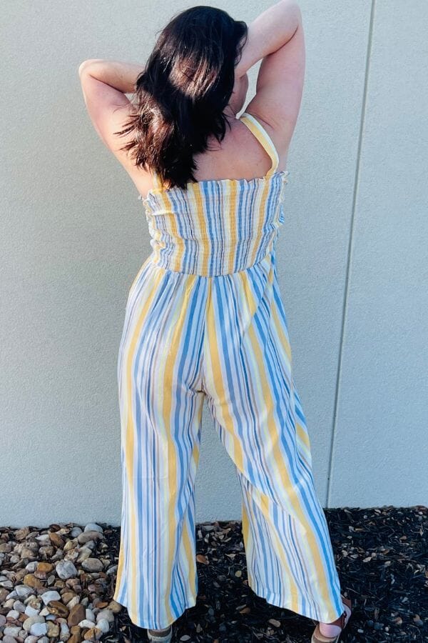 Blue and Yellow Stripe Smocked Jumpsuit Jumpsuits & Rompers Umgee 