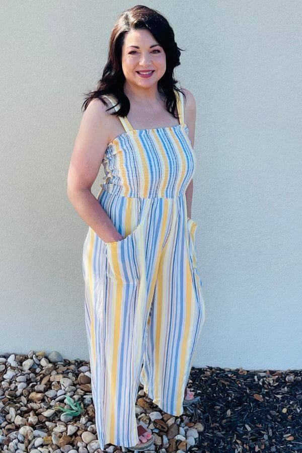 Blue and Yellow Stripe Smocked Jumpsuit Jumpsuits & Rompers Umgee 