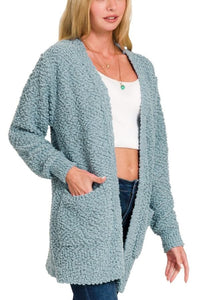 BLUE GREY LONG SLEEVE POPCORN SWEATER CARDIGAN WITH POCKETS Outerwear Jacket Zenana 