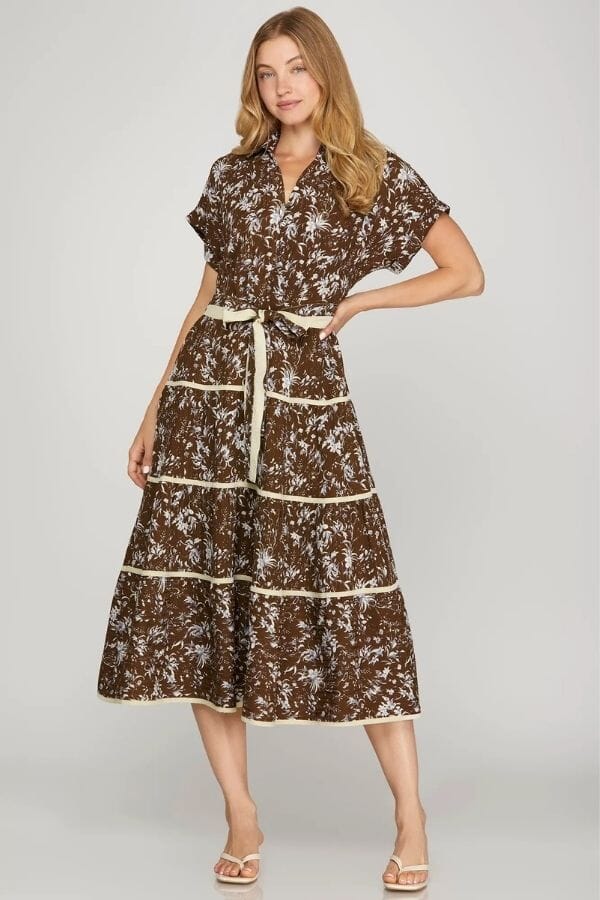 Brown Collared Button Up Midi Dress Shirts & Tops She and Sky 