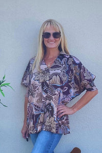 Brown Paisley Print Collared Top Shirts & Tops Umgee 