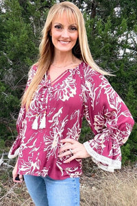 Burgundy Floral Printed Blouse Shirts & Tops ODDi 