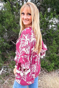 Burgundy Floral Printed Blouse Shirts & Tops ODDi 