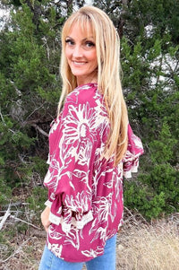 Burgundy Floral Printed Blouse Shirts & Tops ODDi 