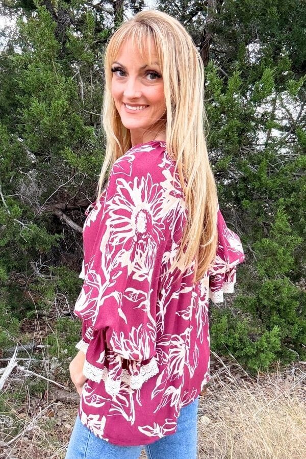 Burgundy Floral Printed Blouse Shirts & Tops ODDi 