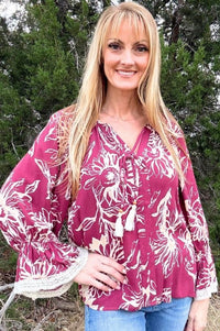 Burgundy Floral Printed Blouse Shirts & Tops ODDi 