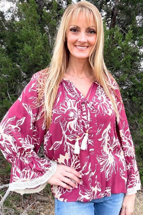 Burgundy Floral Printed Blouse Shirts & Tops ODDi 