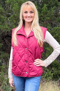 Burgundy Quilted Puffer Vest Jacket W/ Fully Lining Shirts & Tops Haptics 