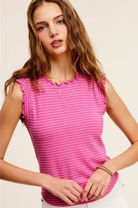 Candy Stretchy Brushed Ruffle Sleeve Stripe Tank Top Shirts & Tops La Miel 