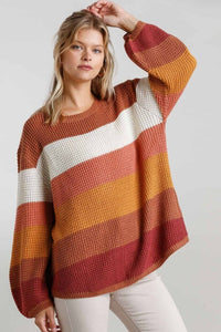 Carrot Striped Long Sleeve Knit Pullover Sweater Shirts & Tops Umgee 