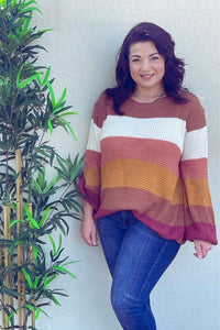 Carrot Striped Long Sleeve Knit Pullover Sweater Shirts & Tops Umgee 