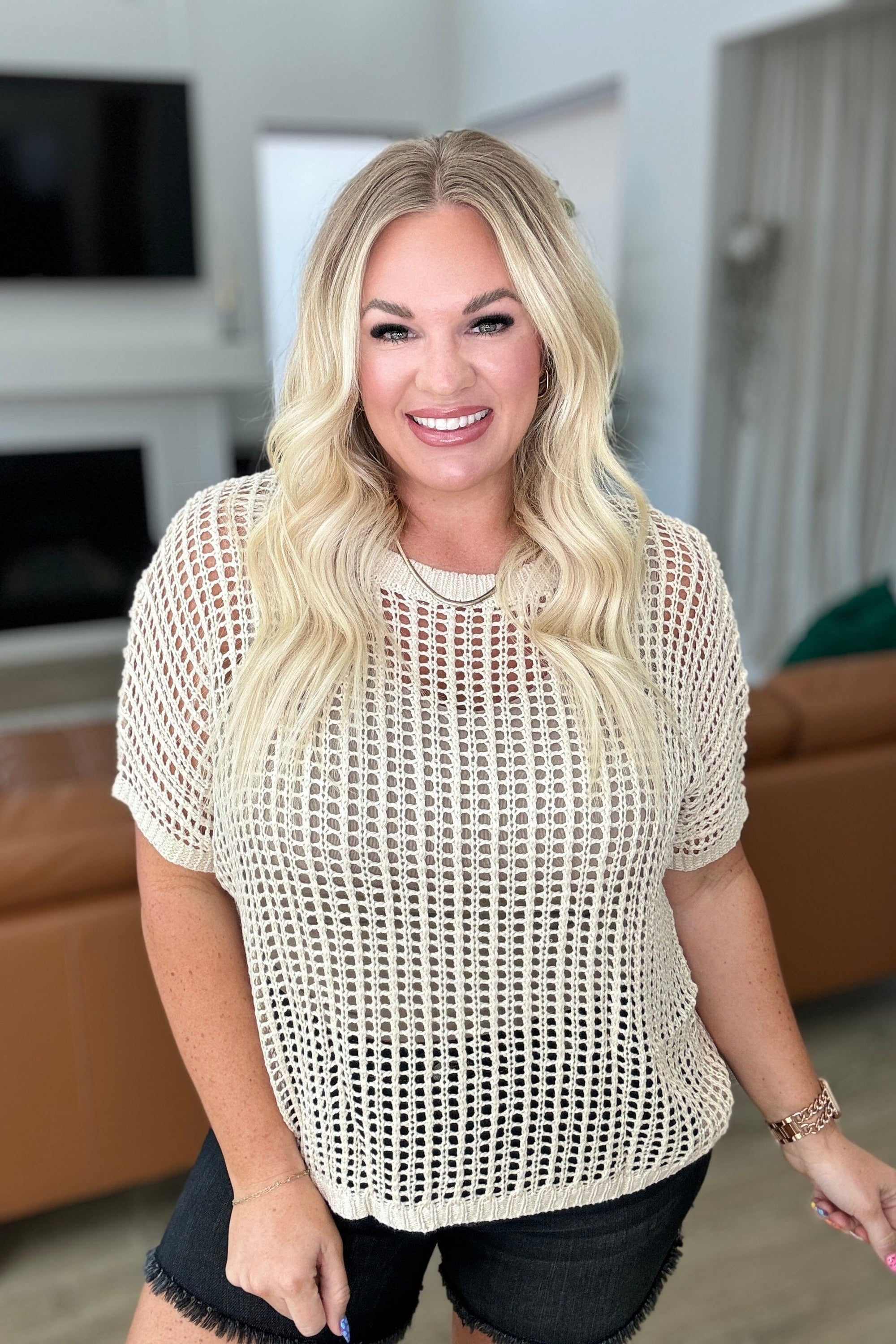 Coastal Dreams Fishnet Top in Cream Tops Ave Shops 