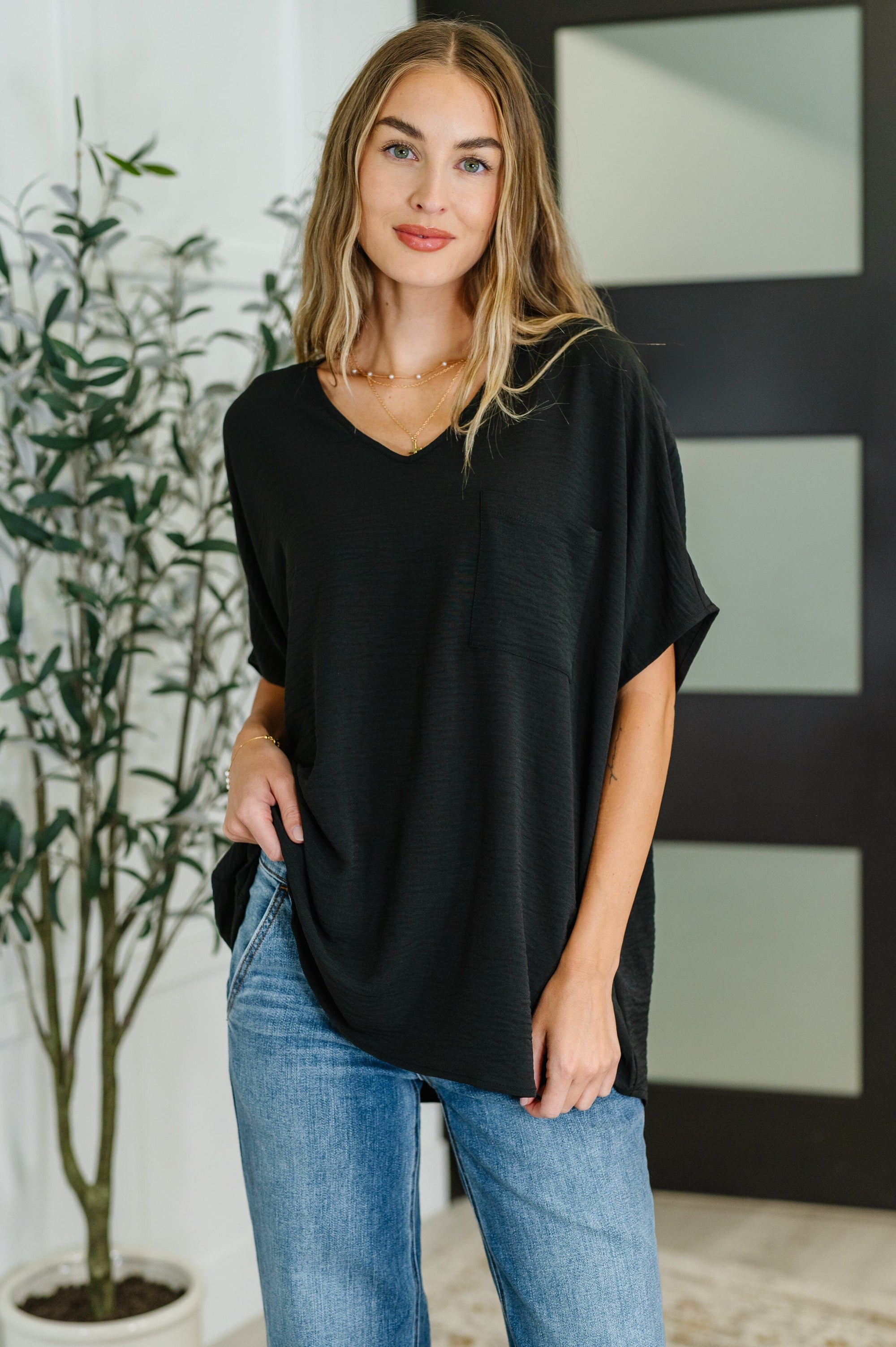 Coastal Ease V-Neck Top in Black Womens Ave Shops 