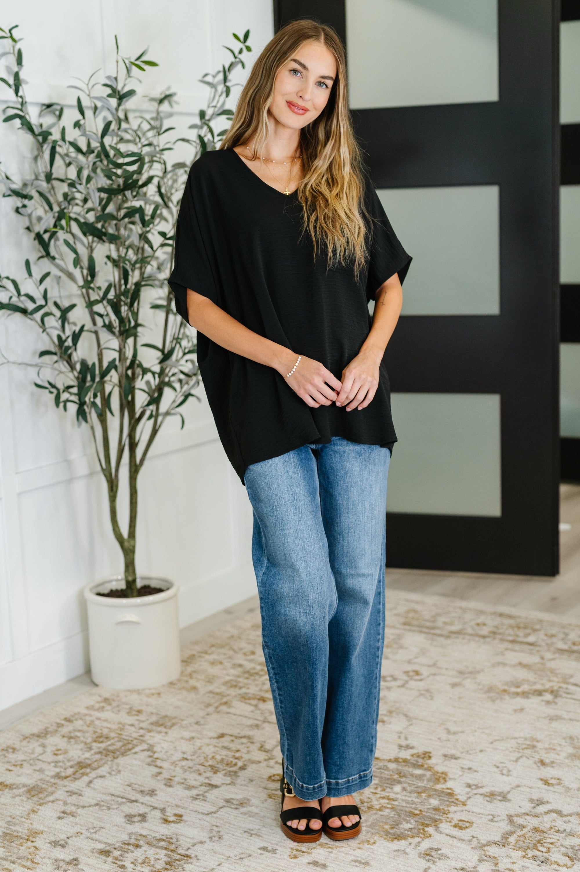 Coastal Ease V-Neck Top in Black Womens Ave Shops 