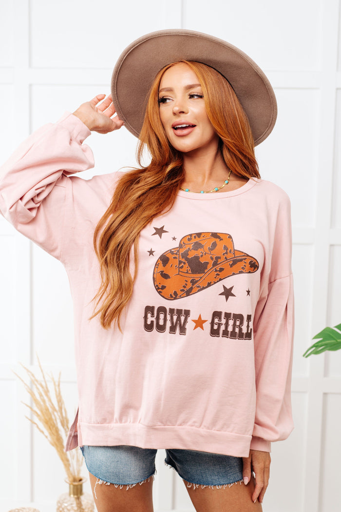 Cow Girl Graphic Pullover in Dusty Pink Tops Ave Shops 